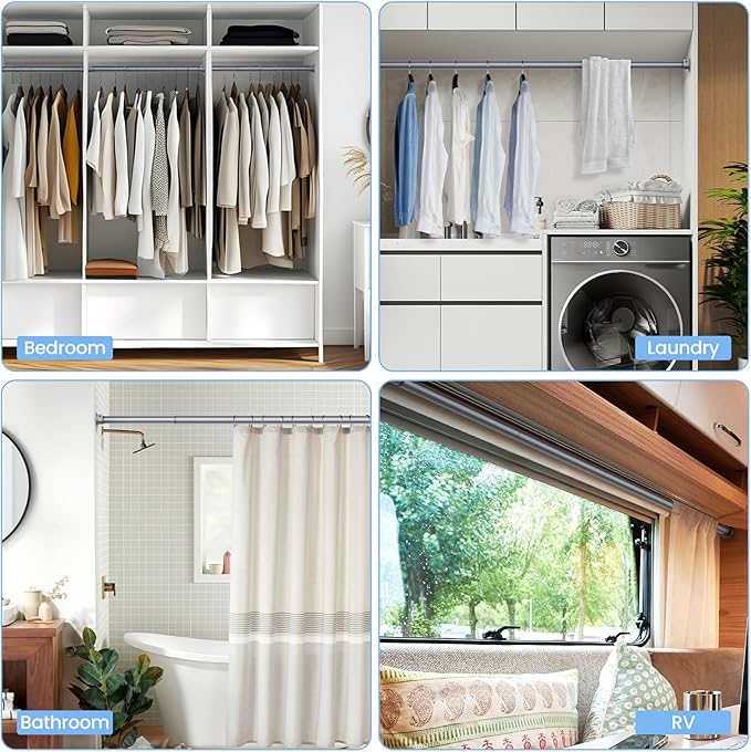 Closet Rods for Hanging Clothes, 17 to 99 Inches No-Cut Stepless Adjustable Closet Rod, 1.3 Inches Expandable Metal Heavy Duty Closet Hanging Rod for Closet Wardrobe Bathroom Laundry RV, Silver
