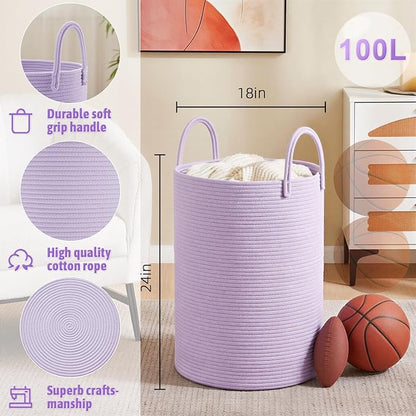 Laundry Basket,Woven Cotton Rope Laundry Hamper,100L for Decorative Storage of Dirty Clothes,Toys and Blankets in Bathroom,Baby Room and Living Room