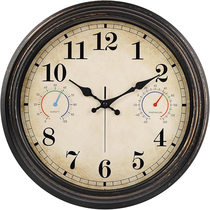 16 Inch Large Outdoor Clock with Thermometer and Hygrometer Combo, Waterproof Indoor Outdoor Wall Clocks for Patio, Pool,Garden Decor- Retro Bronze