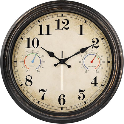 16 Inch Large Outdoor Clock with Thermometer and Hygrometer Combo, Waterproof Indoor Outdoor Wall Clocks for Patio, Pool,Garden Decor- Retro Bronze