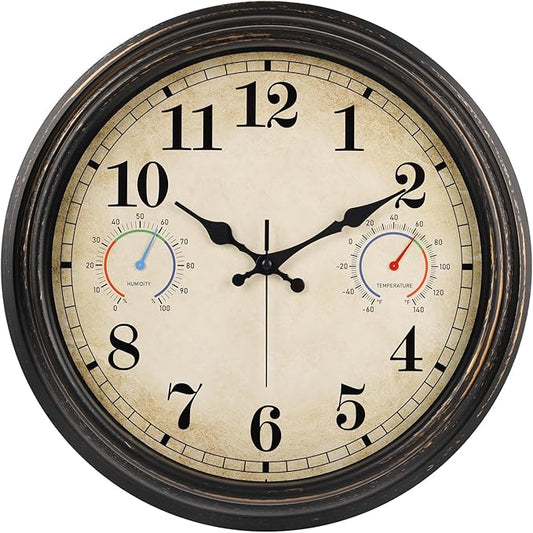 16 Inch Large Outdoor Clock with Thermometer and Hygrometer Combo, Waterproof Indoor Outdoor Wall Clocks for Patio, Pool,Garden Decor- Retro Bronze