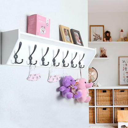 WEBI Coat Rack Wall Mount with Shelf,35" Long White Shelf with Hooks Underneath,7 Triple Hooks,Key Rack for Wall,Entryway Shelves for Wall