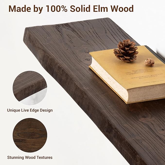 fuqing Solid Elm Wood Floating Shelves for Wall - 36 Inch Wide x 9 Inch Deep Rustic Live Edge Floating Shelves Wall Mounted - Natural Wooden Shelves with Upgraded Heavy Duty Brackets and Anchors