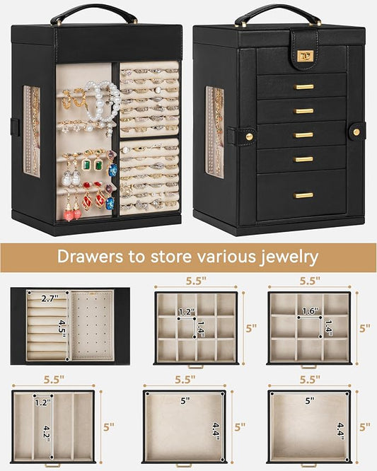 AKOZLIN 6-Tier Jewelry Box Organizer Functional 5 Drawers Leather Jewelry Storage Case for Women Girls Ring Necklace Earring Bracelet Holder Organizer with Mirror Black 360° Rotating