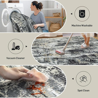 9x12 Area Rugs Washable Rug: Modern Abstract Living Room Rug Soft Anti-Skid Thin Carpet Indoor Floor Non-Shedding Carpets for Bedroom Dining Room Farmhouse Nursery Home Office Black Grey Gold