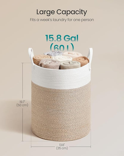 SONGMICS Laundry Hamper, Cotton Rope Laundry Basket with Handles, for Children, Toys, Clothing, Living Room, Bedroom, 15.8 Gallons, 13.8 x 13.8 x 19.7 Inches, White and Grayish Brown URLH061LZ01