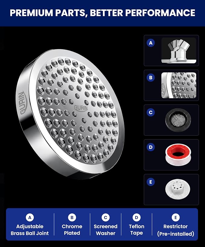 GURIN Shower Head - Powerful High Pressure Rain Shower Head 6 Inch - Luxury Rainfall Showerhead with Adjustable Angles, 90 Anti-Clog Nozzles, Tool-Free 1-Min Install, Premium Polished Chrome Finish
