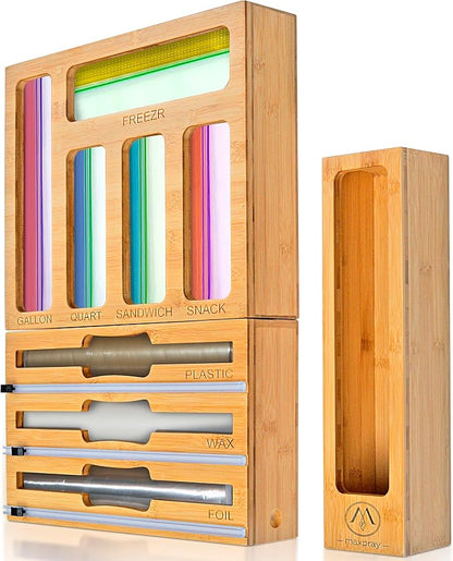 9 IN 1 Bamboo Foil and Plastic Wrap Organizer for Kitchen Drawer, Plastic Bag Organizer Organization and Storage, Food Storage Bag Organizer with Labels for Quart Gallon Snack Sandwich
