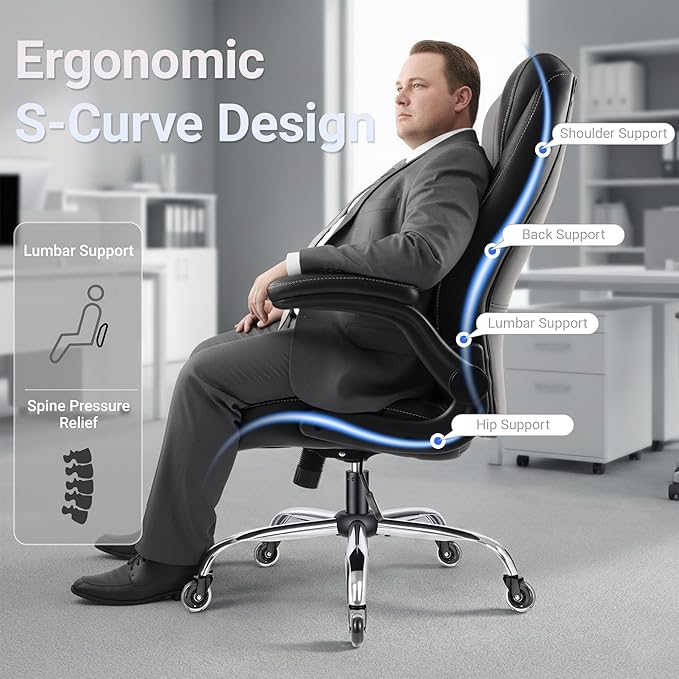 Big and Tall Office Chair for Heavy People, 500LBS High Back Extra Wide Executive PU Leather Office Chair with Flip-Up Armrests, Quiet Rubber Wheels, Comfortable Home Office Desk Chair