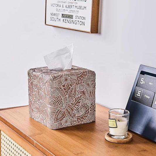 Tropical Leaves Vintage Wood Carved Square Tissue Box Cover Decorative,Tissue Box Holder, Facial Paper Holder for Bathroom Vanity Countertop, Bedroom Night Stand,Office and End Table, Rustic Brown