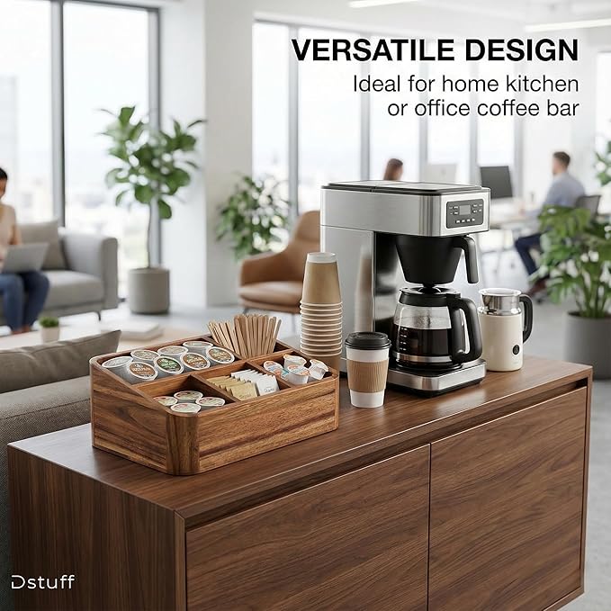 Dstuff Acacia Wood Coffee Station Organizer for Countertop, Tea Organizer and Holder, Coffee Bar Caddy with Multiple Compartments for Home and Office Decor
