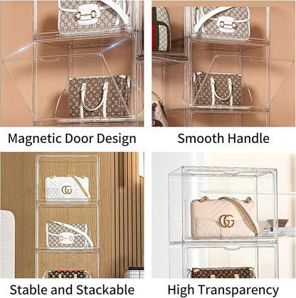 6 Pcs Clear HandPurse Storage Organizer, 15.7"x 11.8"x 9.84" Purse Storage Organizer for Closet Clear Stackable Handbag Display Case Box with Magnetic Door for Collectibles, Cosmetic, Heels