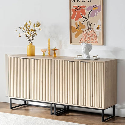 Fluted Storage Cabinet Set of 3, Sideboard Buffet Cabinet Modern Accent Cabinets with Adjustable Shelves, Credenza, Console Table Entryway Cabinets for Living Room, Light Oak