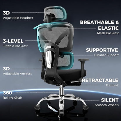 Ergonomic Office Chair with Footrest, Big and Tall Home Desk Chair, High Back Rolling Computer Chair with 3D Arms and Lumbar Support, Comfortable Gaming Chair, Swivel Mesh Chairs, Black