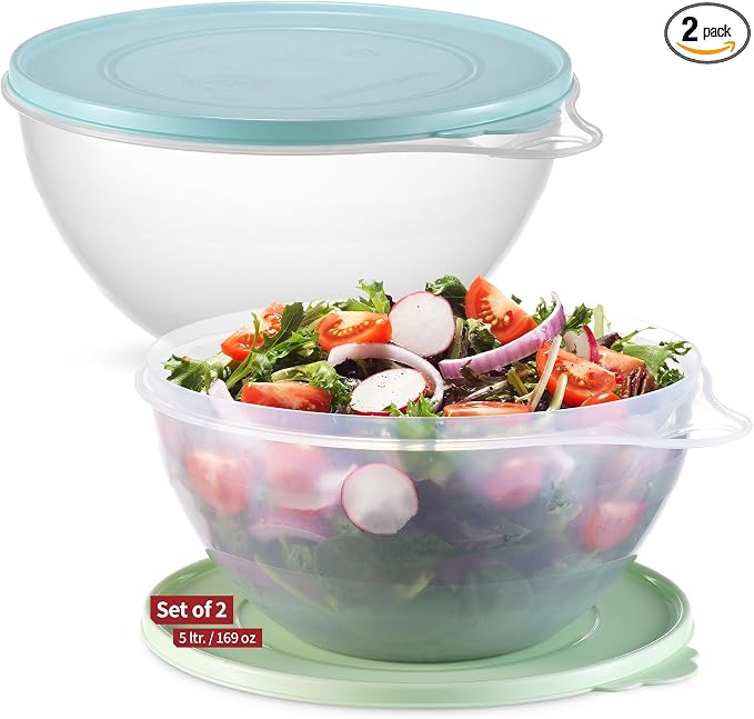 SIGNORA WARE Large Food Storage Containers with Lids Set of 2 – Durable Food Containers with Lids Airtight – Food Grade Non-BPA Plastic Salad Bowl with Lid Leftover Containers – Nestable Design