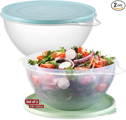 SIGNORA WARE Large Food Storage Containers with Lids Set of 2 – Durable Food Containers with Lids Airtight – Food Grade Non-BPA Plastic Salad Bowl with Lid Leftover Containers – Nestable Design