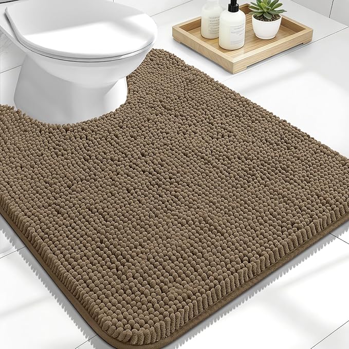 OLANLY Toilet Rugs U-Shaped 24x20, Extra Soft Absorbent Chenille Contour Bathroom Rugs for Toilet, Dry Quickly, Machine Washable, Non-Slip Bath Mat, Tan
