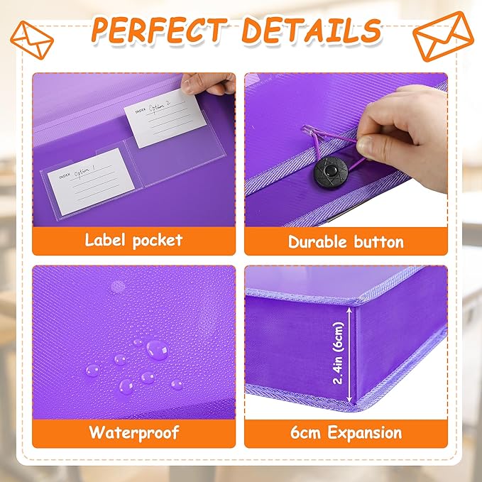 CHEPULA 5Pack A4 Plastic File Wallet Envelope Expanding File Folder Document Organizer with Snap Closure & Label Pocket Clear Colored Waterproof Accordion File Pouch for Office Home