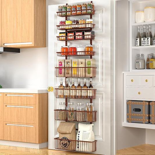 Moforoco Over The Door Pantry Organizer, Pantry Door Organizer Shelves, Kitchen Organizers and Storage, Hanging Basket Wall Spice Rack Seasoning Shelves, Laundry Room Bathroom accessories（Brown ）
