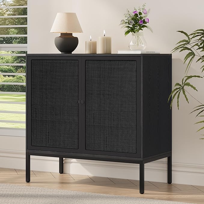 Yechen Full Black Rattan Cabinet, Farmhouse Sideboard Cabinet with Natural Rattan Decorated Doors, Accent Cane Credenza Buffet Console Storage, for Living Room Entryway Kitchen, Metal Legs