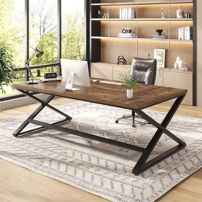IBF 70.8" Rustic Computer Desk, Extra Long Wood Office Desk for Home, Industrial Metal Large Work Study Writing Table, Dual Monitor Pc Workstation Computer Table for Two Person, Rustic Brown