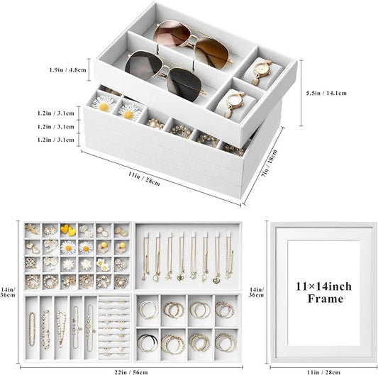 Velvet Jewelry Drawer Organizer Trays – Large White Stackable Jewelry Storage Inserts Set, 4-Layer Jewelry Tray Set for Earrings, Rings, Necklaces, Bracelets with Removable Dividers for Dresser,Vanity