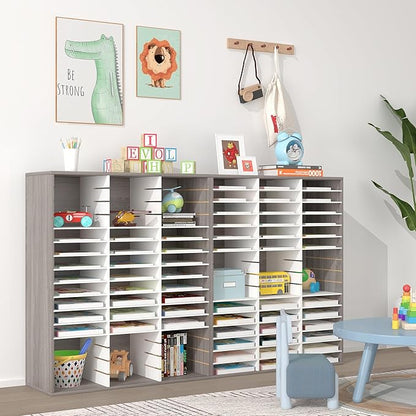 EasyPAG Wooden Literature Organizer with Adjustable Shelves, 48 Compartments Office Paper Organizer Storage 24000 Sheets Letter Size Paper, Student Mailbox for Classroom, Retro Gray/White