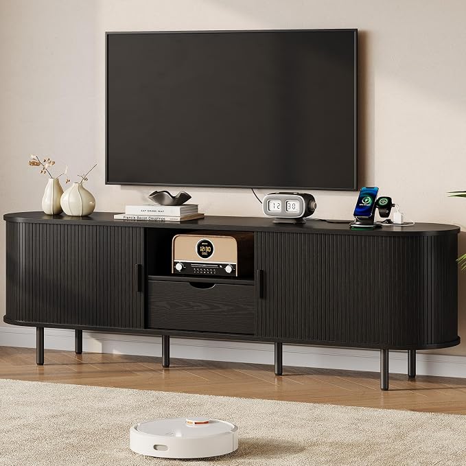 69" Mid-Century TV Stand with Power Outlet, Fluted Entertainment Center with Storage Drawer, TV Console with Sliding Door and Adjustable Shelves, TV Stand up to 80" for Living Room, Bedroom, Black