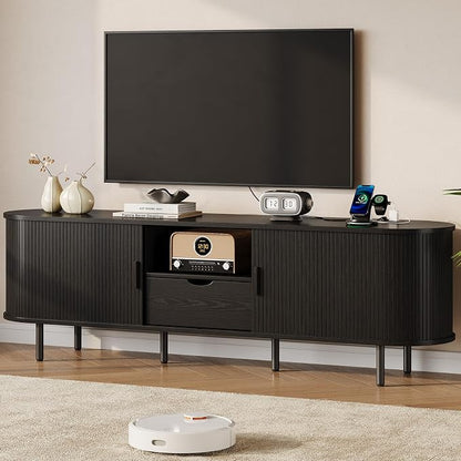 69" Mid-Century TV Stand with Power Outlet, Fluted Entertainment Center with Storage Drawer, TV Console with Sliding Door and Adjustable Shelves, TV Stand up to 80" for Living Room, Bedroom, Black