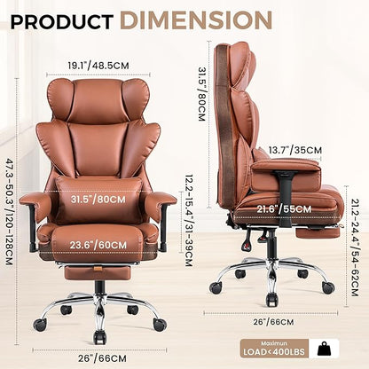 Big and Tall Office Chair - 400 LBS High Back Executive Chair with Footrest, Ergonomic Office Chair for Heavy People, Wide Padded Seat Computer Gaming Chair, Brown 2 Pack