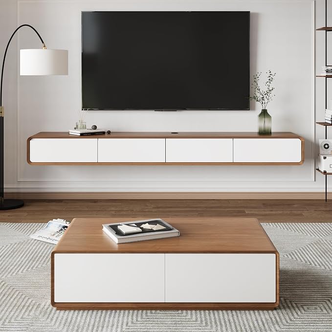 POVISON Modern Coffee Table with 4-Drawer, 51 inch Rectangle Coffee Table for Living Room,Full-Assembled, Walnut and White