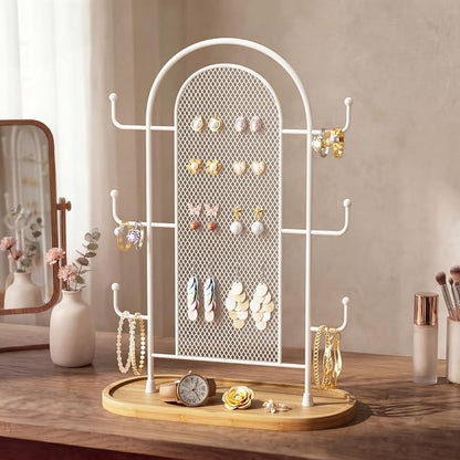 bussdis Jewelry Holder Organizer Earring Display - Earring Storage Tree Stands Towers With 6 Hooks 300 Studs Wood Tray White Metal Rack