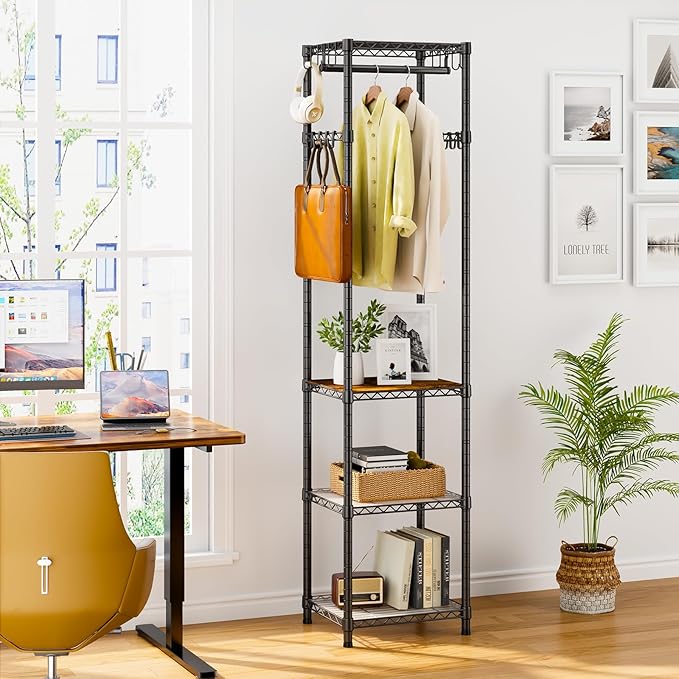 R1 Clothes Rack Heavy Duty, Clothing Racks for Hanging Clothes, Garment Rack with Storage Shelves, Small Coat Rack Freestanding for Entryway, Hallway, Bedroom, Max Load 448 Lbs, Black