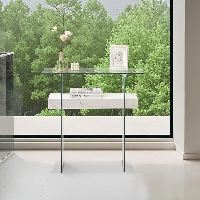 ivinta Glass Console Table with Storage, 31.5'' Modern Narrow Sofa Table with Storage Shelves for Living Room, Hallway, Foyer, Bedroom 5103 (White)