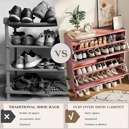 Shoe Storage Cabinet for Entryway with 2 Flip Drawers, Narrow Wood Shoe Cabinet with Fluted Panel, Freestanding Hidden Shoe Organizer for Foyer, Hallway (Pink - with Shelf)