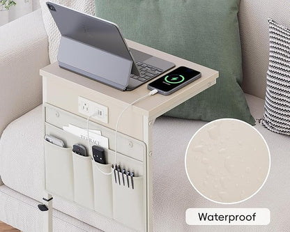 Vagusicc C Shaped End Table with Charging Station, 33" Tall Side Table for Couch, C Table Adjustable Height Small Couch Side Table, Slide Under Sofa Table TV Tray Arm Table for Living Room, Cream