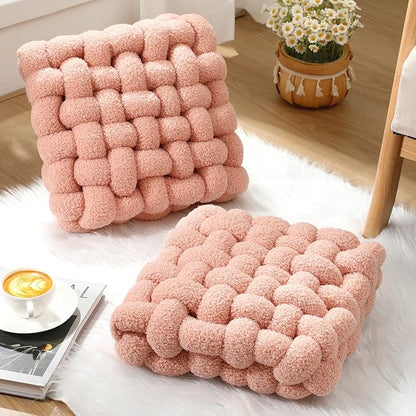 Wenqik 2 Pcs Knot Pillows Square Knotted Plush Throws Soft Accent Pillows Decoration Cushion for Couch Home Office Living Room Bedroom Bed Sofa Decor, 12'' x 13''(Pink,Lambswool)