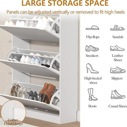 Shoe Cabinet with 3 Flip Drawers, 47" Slim Hidden Wood Shoe Storage Cabinet with Adjustable Shelf, Freestanding Narrow Shoe Rack Organizer for Entryway, Hallway, White