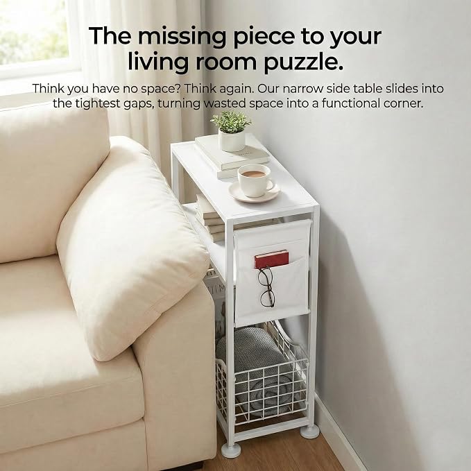Skinny Side Table with Storage, 3 Tier Slim Side Tables for Small Spaces, Skinny End Table Narrow Bedside Table Narrow Side Table for Living Room, Bedroom