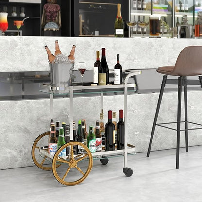 Giantex 2-Tier Bar Cart, Stylish Rolling Serving Cart w/Tempered Glass Shelves, 2 Large Aluminum Front Wheels, Stainless Steel Frame, Mobile Storage Shelf, Home Trolley Cart for Kitchen, Dining Room