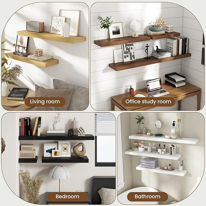 55 Inch Floating Shelves for Wall, 8 Inch Deep Floating Shelf for Storage & Display, Rustic Wall Mounted Shelf with Invisible Brackets for Living Room, Kitchen, Bathroom, Home Decor, Set of 2, Black