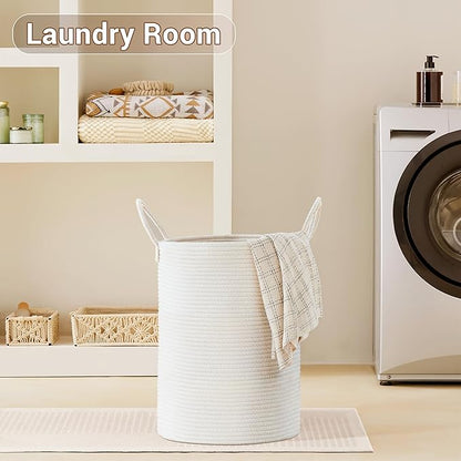 Tall Laundry Basket with Handles, 58L Portable Dirty Clothes Hamper, Boho Cotton Rope Storage Bin for Blankets Kids Toys Gifts, Decorative Organizer for Baby Nursery Bedroom Bathroom, White