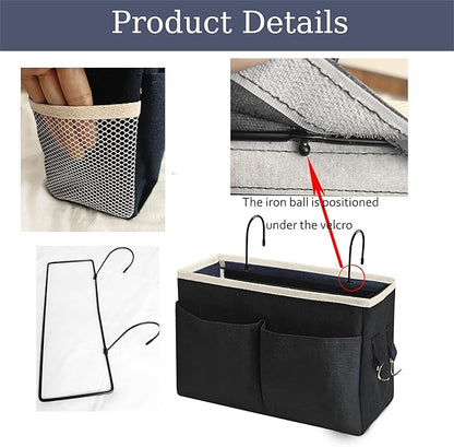 Bedside Caddy/Bedside Hanging Storage Bag Multi-Function Caddy for Bunk bed Hospital Beds Dorm Bed Rails, Holders Books Glasses Phones Magazine（2pc Black）