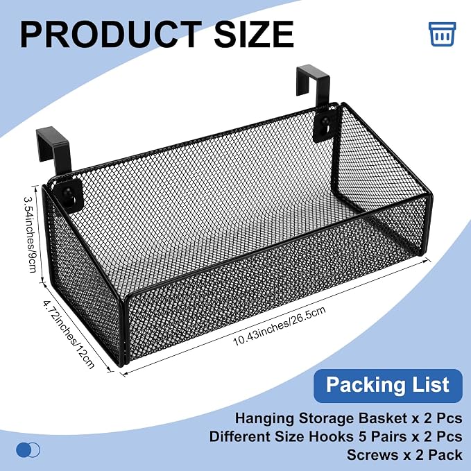 Rtteri 2 Sets Bedside Shelf Caddy Metal Hanging Storage Basket Organizer with 10 Pair 5 Different Size Hooks for Dorm Bunk Bed Bedroom for Magazine Phone Drinks(Black, White)
