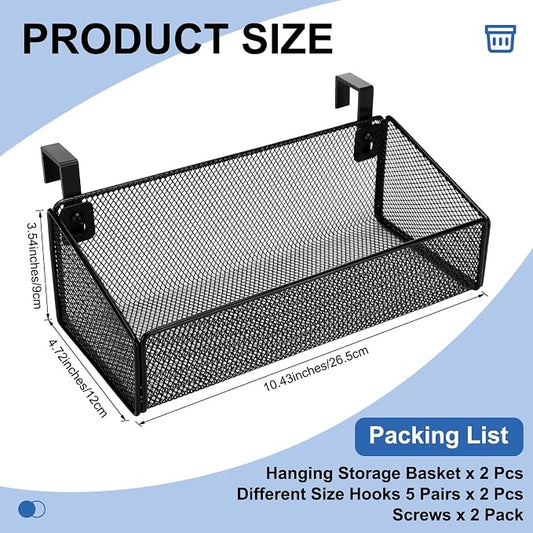 Rtteri 2 Sets Bedside Shelf Caddy Metal Hanging Storage Basket Organizer with 10 Pair 5 Different Size Hooks for Dorm Bunk Bed Bedroom for Magazine Phone Drinks(Black, White)