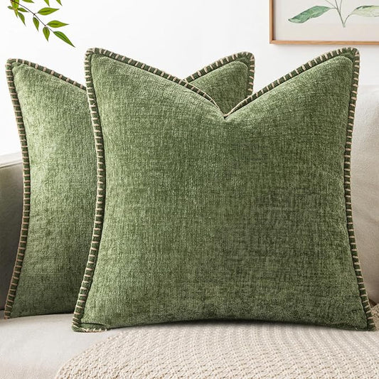 MIULEE Pack of 2 Couch Throw Pillow Covers 22x22 Inch Sage Green Farmhouse Decorative Pillow Covers with Stitched Edge Soft Chenille Solid Dyed Summer Pillow Covers for Sofa Bed Living Room