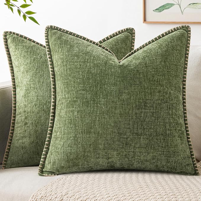 MIULEE Pack of 2 Couch Throw Pillow Covers 18x18 Inch Sage Green Farmhouse Decorative Pillow Covers with Stitched Edge Soft Chenille Solid Dyed Summer Pillow Covers for Sofa Bed Living Room