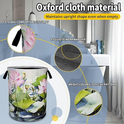 NUTAINLA Lotus Laundry Basket Beautiful Flowers Foldable Oxford Cloth Funny Tote Bag Laundry Hamper Clothes Storage Bucket Toy Organizer For Bathroom/Laundry Storage/Bedroom 18.9x16.5 Inch
