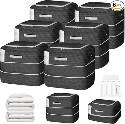 Comforter Storage Bag - 110L Large Capacity Blanket Storage Bags 2-Layer Ultra Space Saving Self Compression Organizer, Washable Compression Bags for Storage Comforter Blanket, 6-Pack, Black