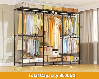 E14 Heavy Duty Clothes Rack，Freestanding Clothing Racks for Hanging Clothes，Adjustable Closet Organizers and Storage，Metal Garment Rack with Shelves 69" W x16 D x77 H，Max Load 960LBS，Black